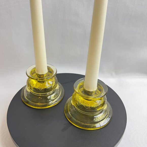 Indiana Glass 1970s Madrid Style Yellow Glass Vintage Candlestick Holders Pair - Picture 4 of 12